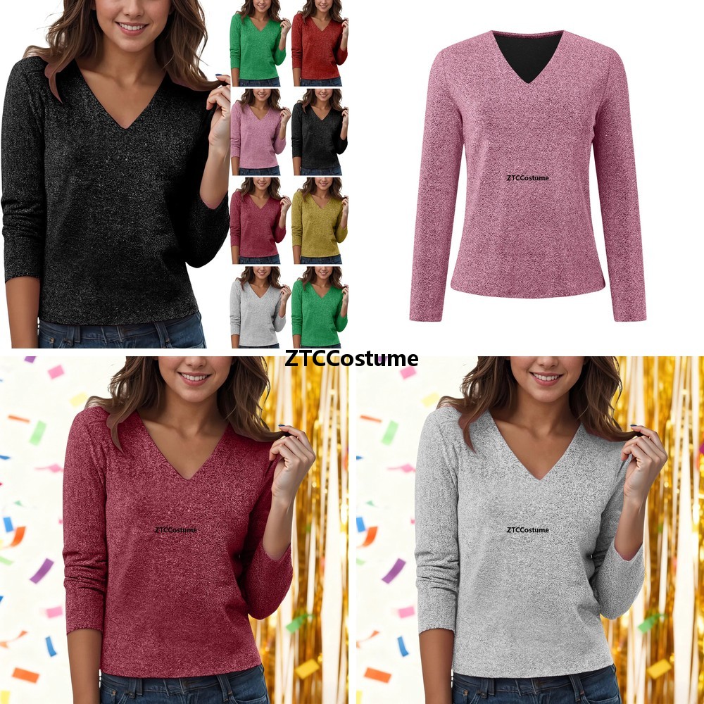 Women Formal Blouses For Evening Wear - Blus Cosplay Payet V-Neck Lengan Panjang