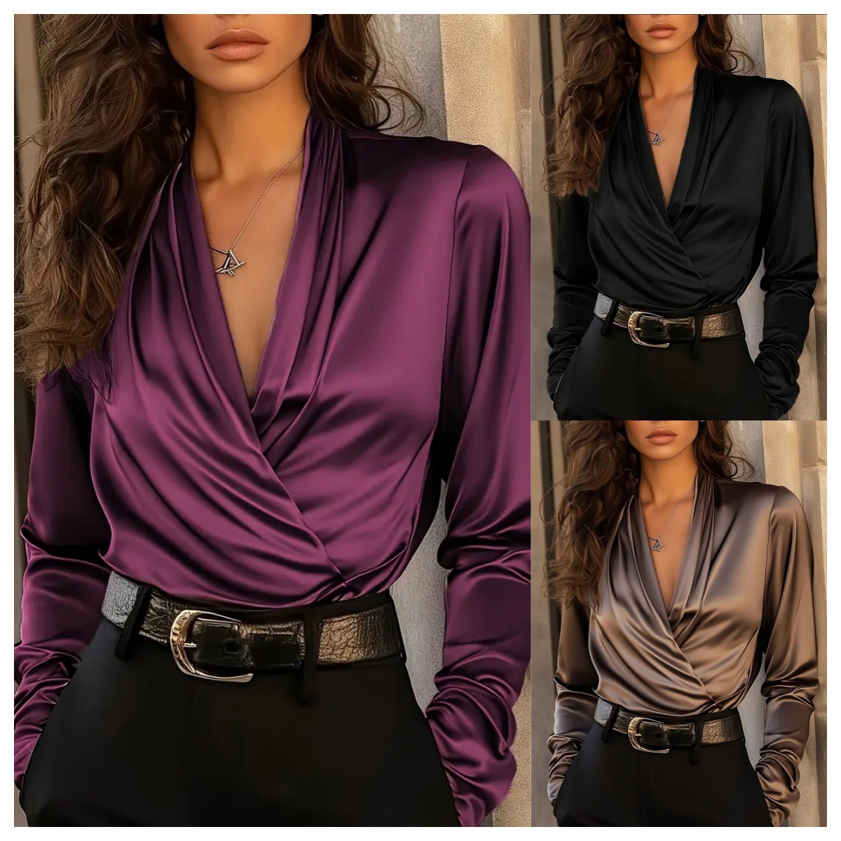 Women Formal Blouses For Evening Wear - Blus Satin Wanita Model Lilit V-Neck
