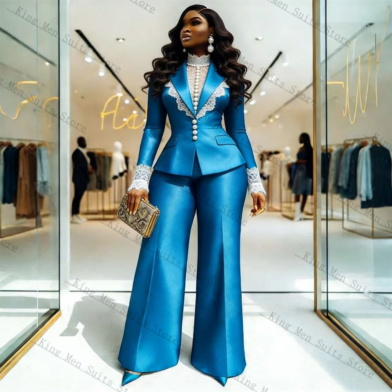 Women'S Formal Wear Jackets - Set Setelan Wanita Renda Satin Biru