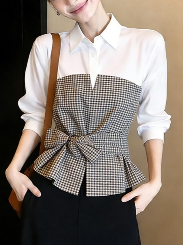 Women Formal Wear White Shirt - Blus Patchwork Gingham Putih Hitam Baru