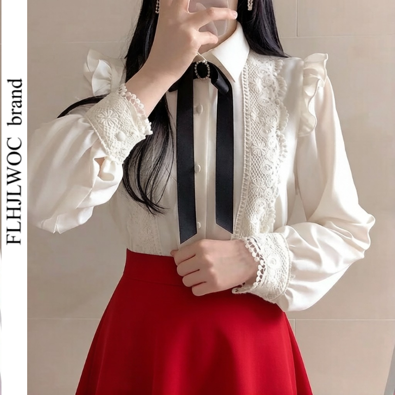 Women Formal Wear White Shirt - Ruffled Musim Semi Musim Gugur Kantor