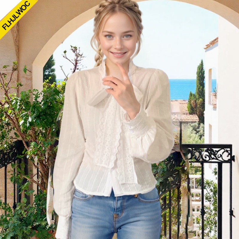 Women Formal Wear White Shirt - Atasan Dasi Kupu-kupu Renda Antik Retro