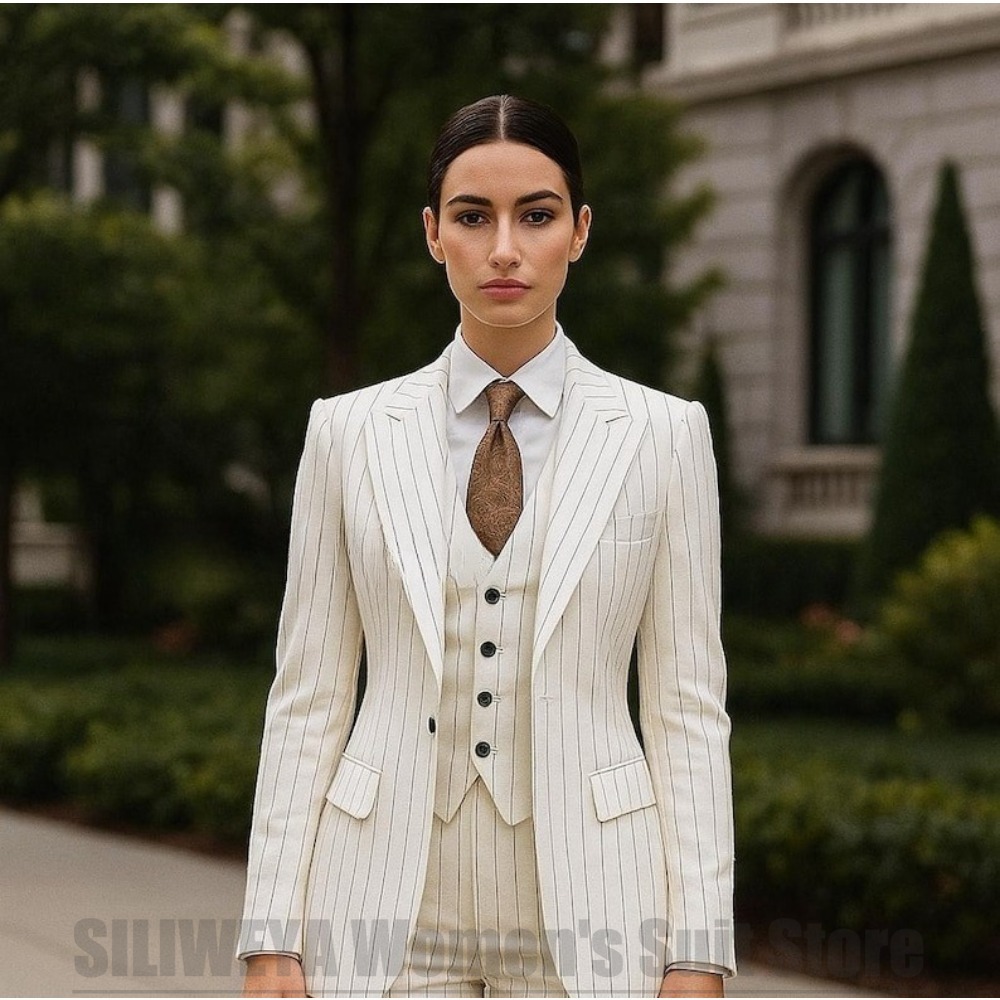 Women Formal Wear White Shirt - Setelan Wanita 3 Potong Bergaris Putih,