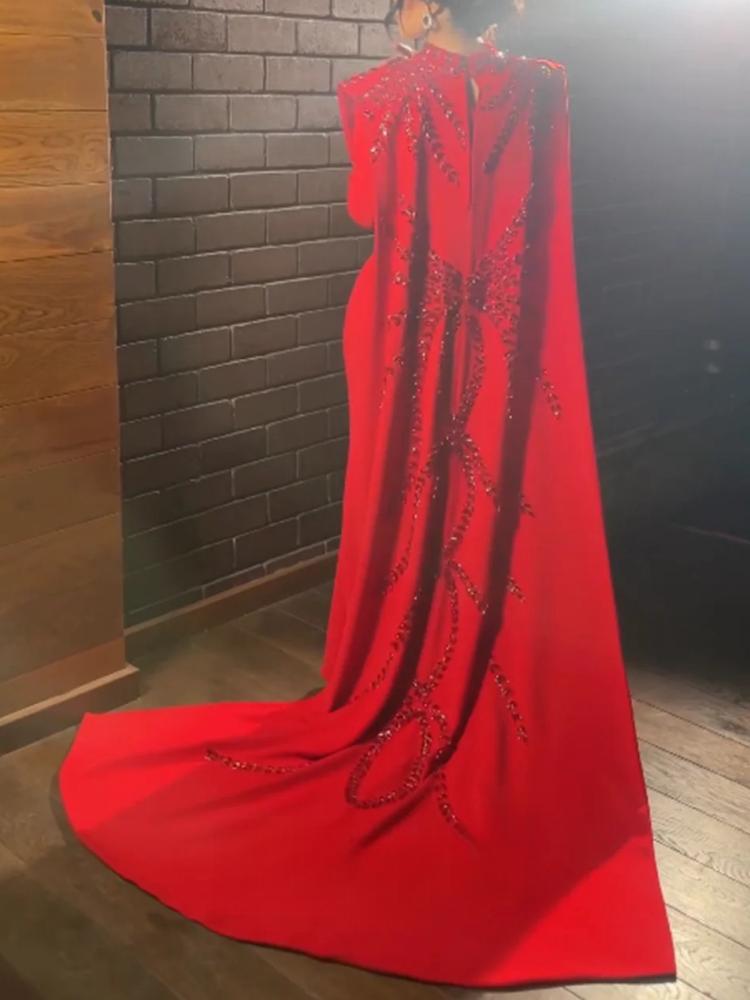 Women Formal Party Wear Dress - Gaun Malam Lengan Panjang Merah Muslim