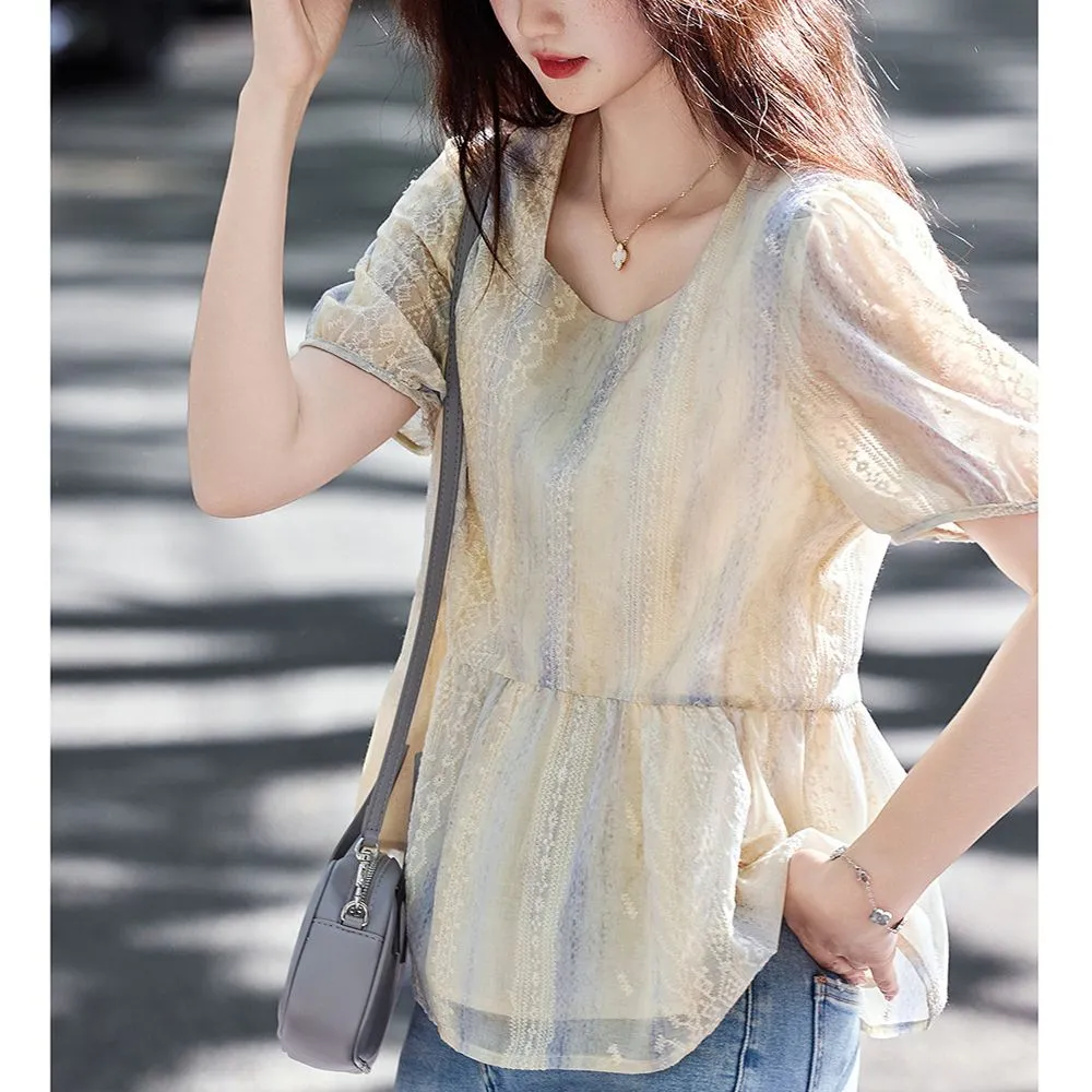 Women Formal Blouses For Evening Wear - Blus renda lengan puff longgar gaya