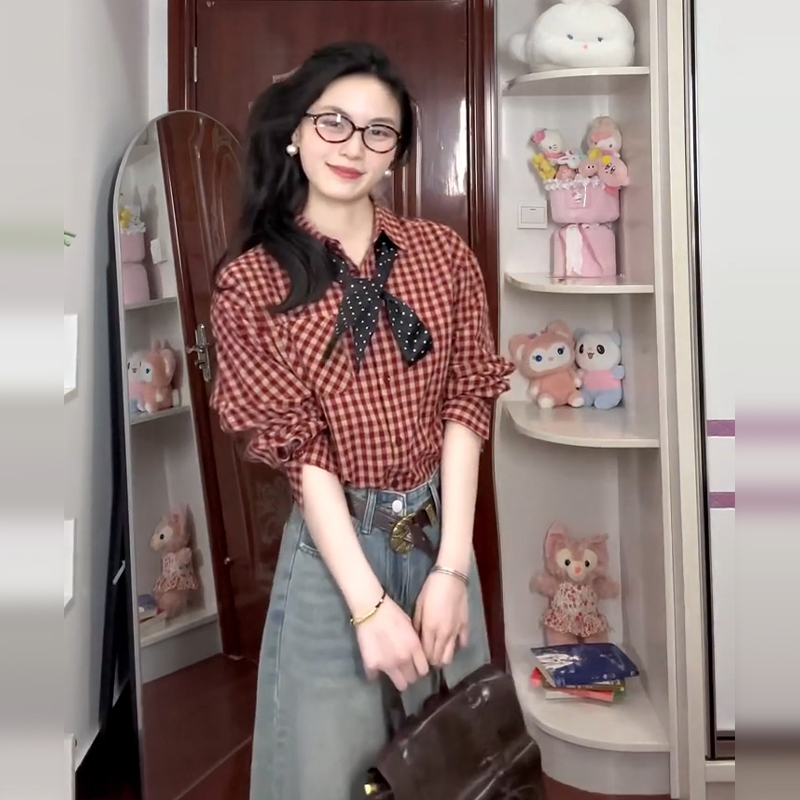 Women Formal Blouses For Evening Wear - Kemeja Kotak-kotak Merah Vintage Gaya Hong