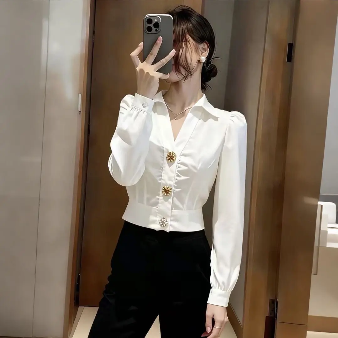 Kemeja Putih Elegan V-Neck unt - Women Formal Wear White Shirt ulasan dan harga
