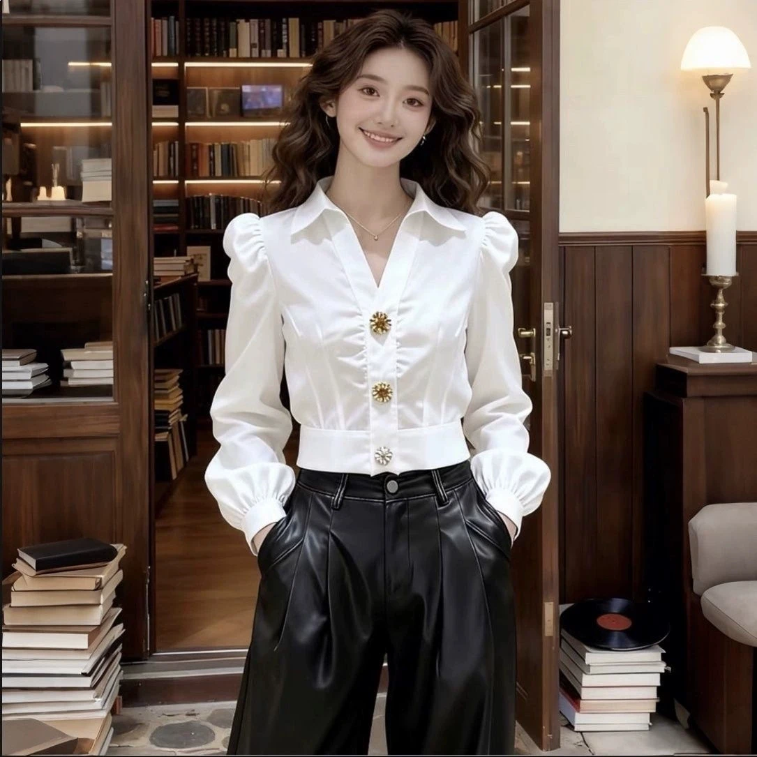 Kemeja Putih Elegan V-Neck unt - Women Formal Wear White Shirt ulasan dan harga