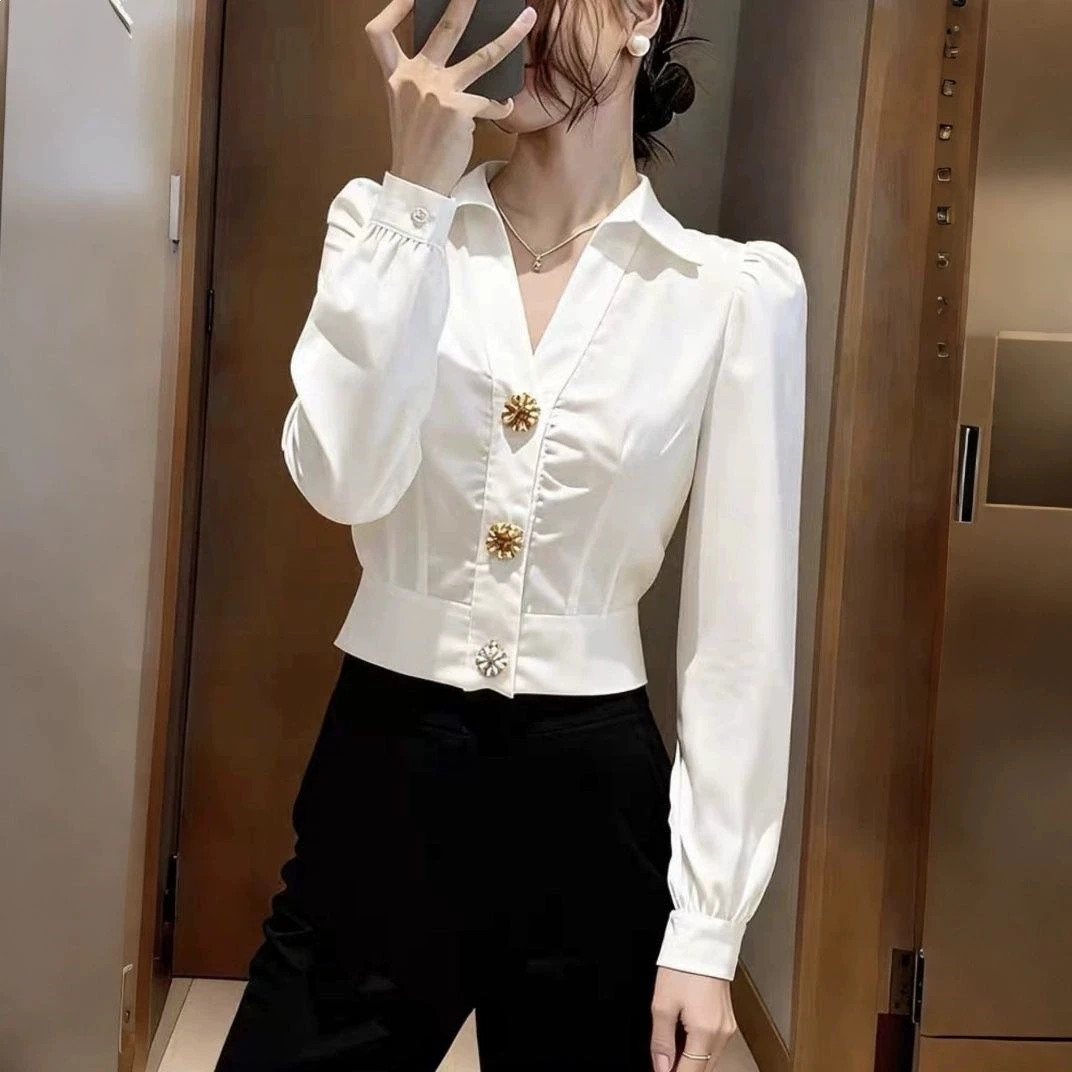 Kemeja Putih Elegan V-Neck unt - Women Formal Wear White Shirt ulasan dan harga