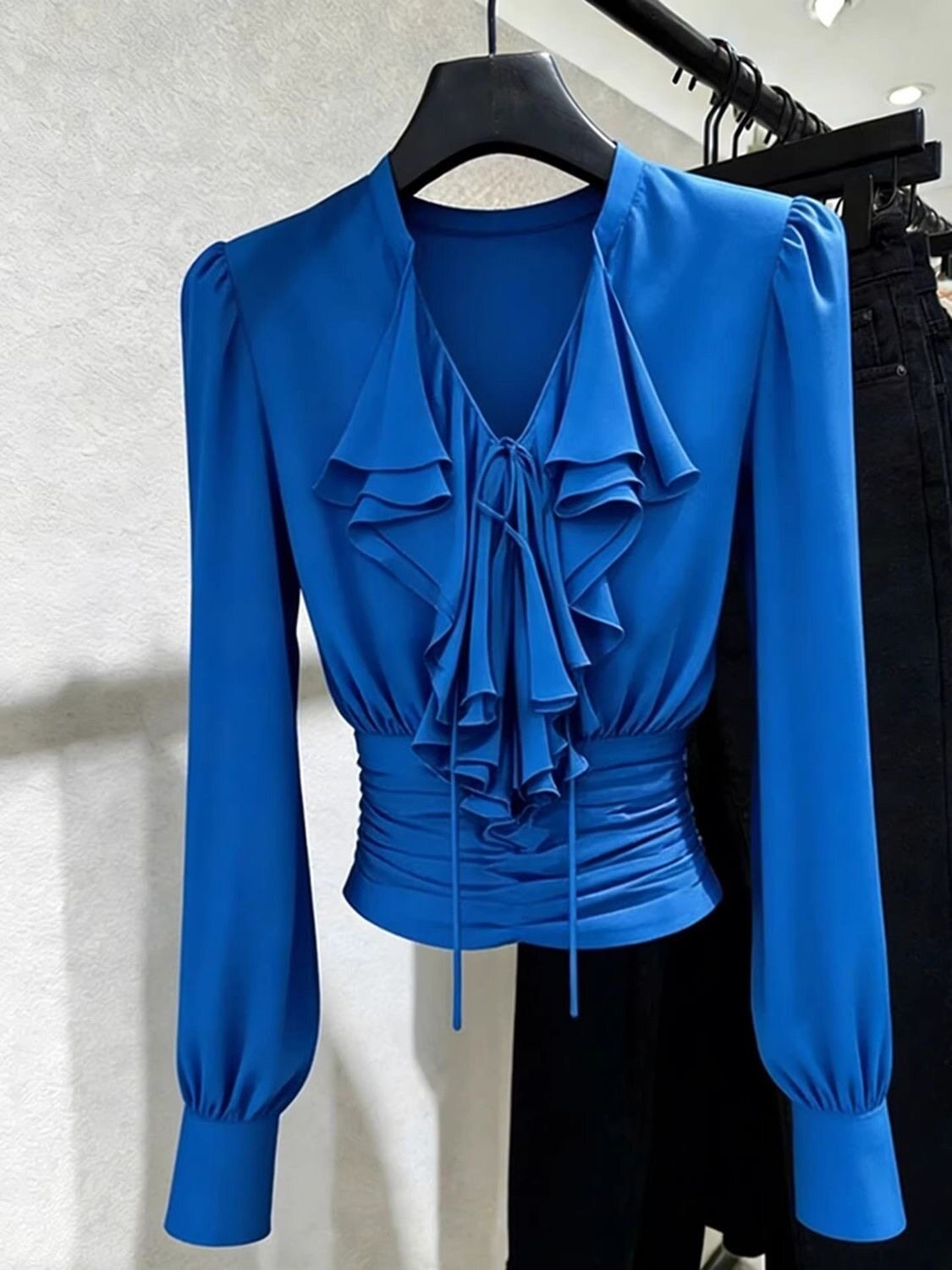 Blus Biru Royal dengan Kerah V - Women Formal Blouses For Evening Wear ulasan dan harga