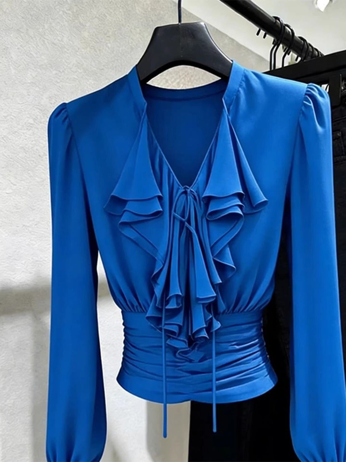 Blus Biru Royal dengan Kerah V - Women Formal Blouses For Evening Wear ulasan dan harga