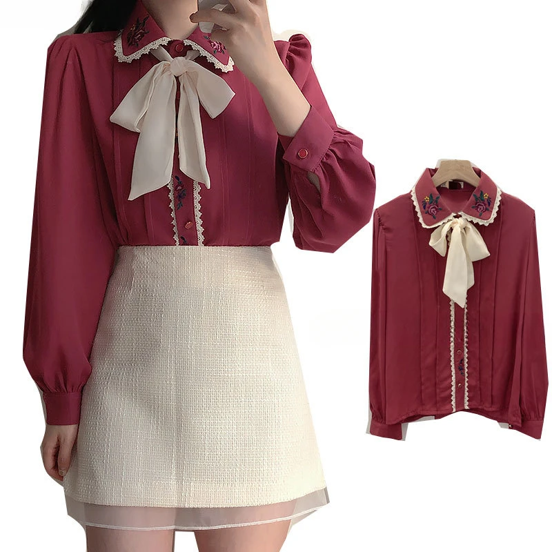 Atasan dasar bordir dasi kupu- - Women Formal Wear White Shirt ulasan dan harga
