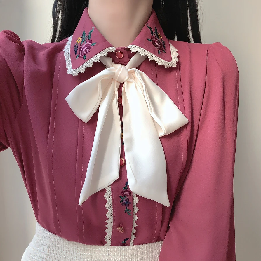 Atasan dasar bordir dasi kupu- - Women Formal Wear White Shirt ulasan dan harga