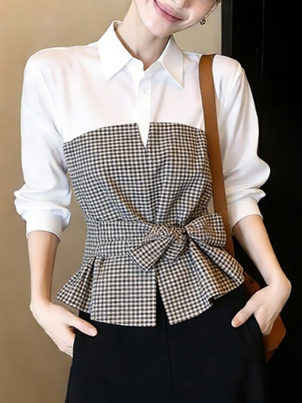 Blus Patchwork Gingham Putih H - Women Formal Wear White Shirt ulasan dan harga