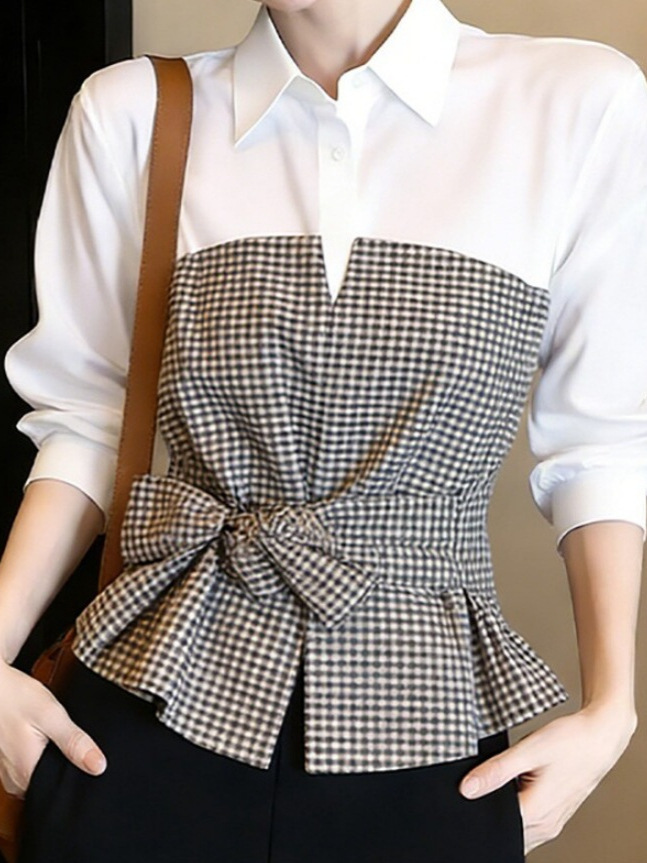 Blus Patchwork Gingham Putih H - Women Formal Wear White Shirt ulasan dan harga