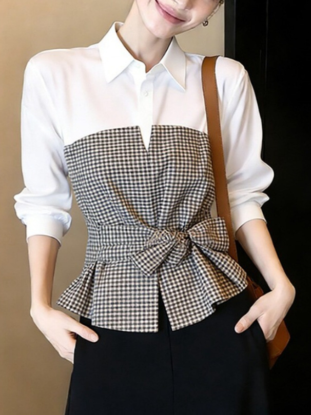 Blus Patchwork Gingham Putih H - Women Formal Wear White Shirt ulasan dan harga
