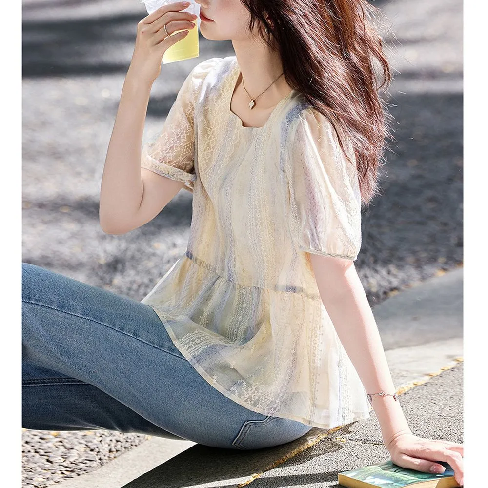 Blus renda lengan puff longgar - Women Formal Blouses For Evening Wear ulasan dan harga